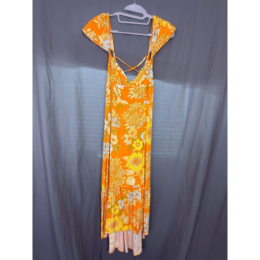 Urban Outfitters Orange Floral Sunflower Maxi Dress V-Neck Flutter Sleeve Small